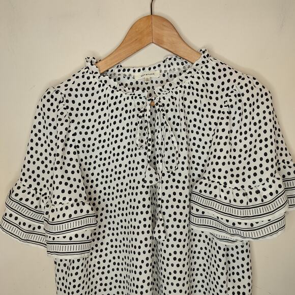 MAx Studio Polka Dot Blouse Flutter Sleeve Tasseled - Picture 2 of 9